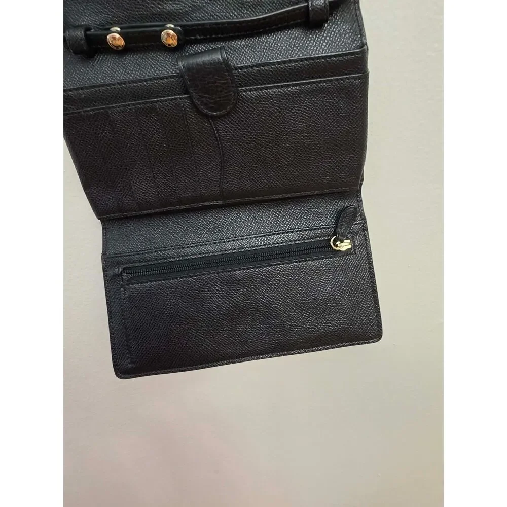 Black Crossgrain Leather Wallet Crossbody Clutch Purse Gold Hardware